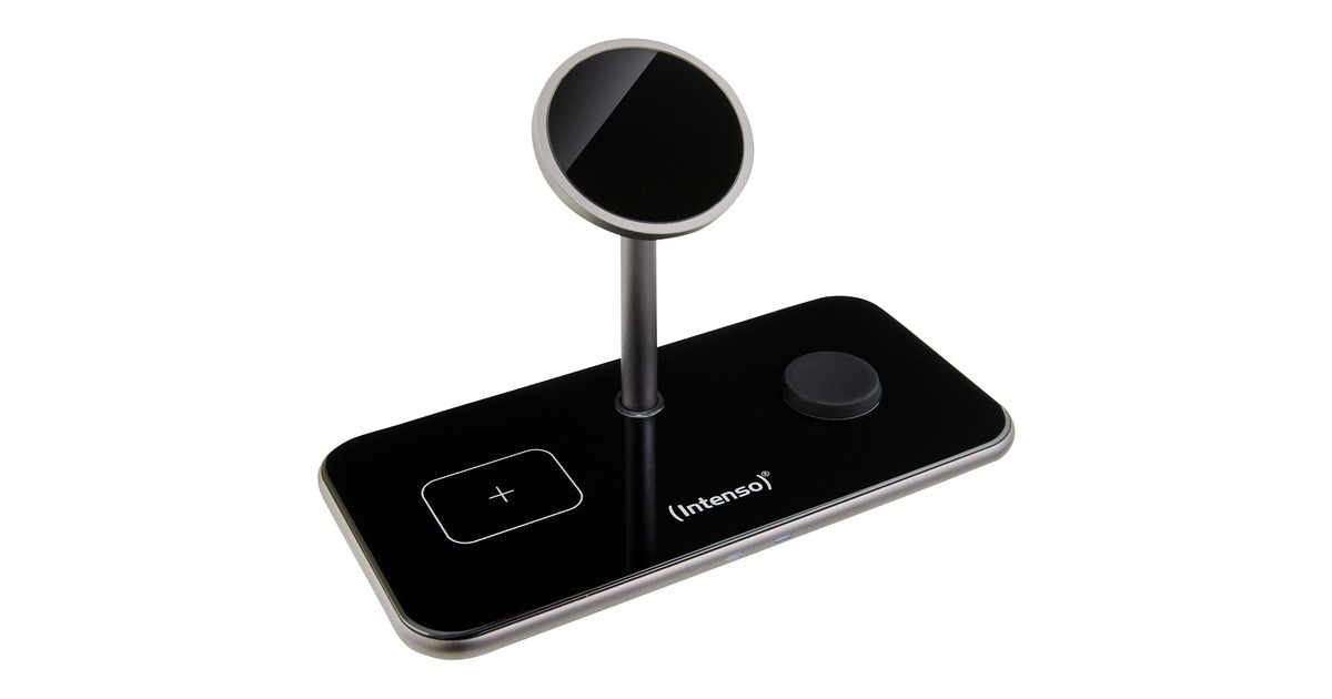 Intenso 3in1 Magnetic Wireless Charging Stand MB13, Ladestation(schwarz, für iPhones mit MagSafe, TWS und Watch, PD3.0, Quick Charge 3.0)