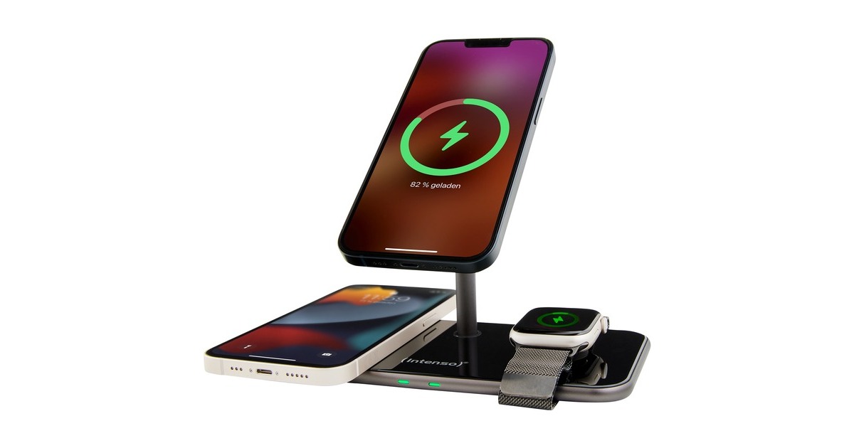 Intenso 3in1 Magnetic Wireless Charging Stand MB13, Ladestation(schwarz, für iPhones mit MagSafe, TWS und Watch, PD3.0, Quick Charge 3.0)
