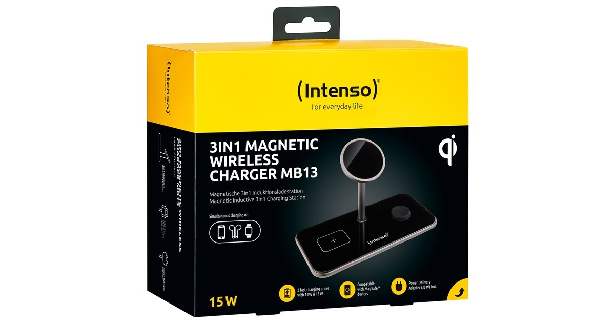Intenso 3in1 Magnetic Wireless Charging Stand MB13, Ladestation(schwarz, für iPhones mit MagSafe, TWS und Watch, PD3.0, Quick Charge 3.0)