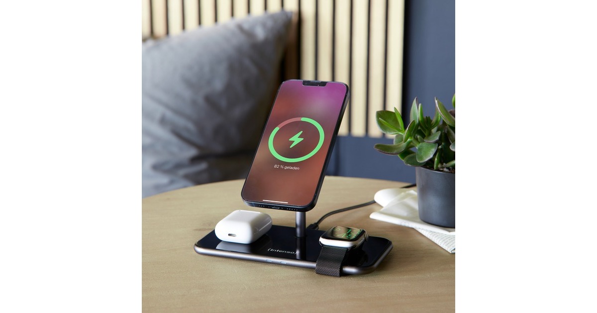 Intenso 3in1 Magnetic Wireless Charging Stand MB13, Ladestation(schwarz, für iPhones mit MagSafe, TWS und Watch, PD3.0, Quick Charge 3.0)