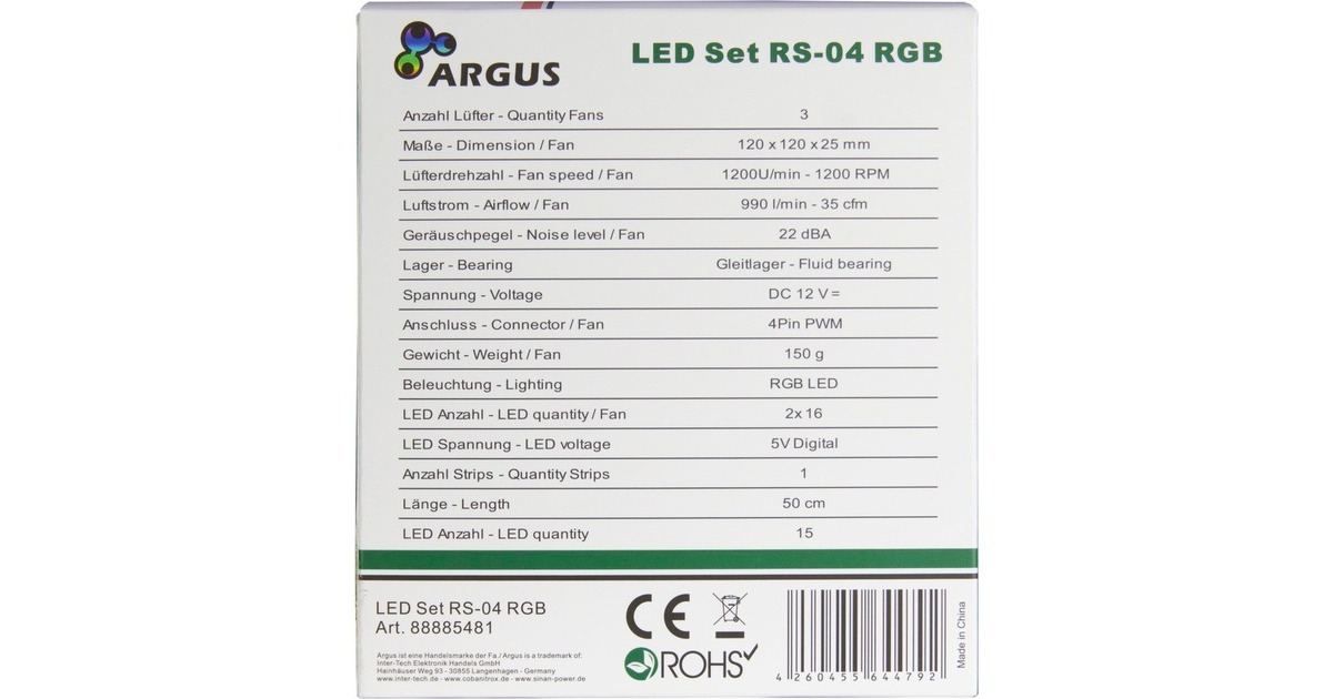 Inter-Tech Argus RGB-Fan Set RS-04 120x120x25, Gehäuselüfter(schwarz, 3er Pack, Fernbedienung, 1x RGB LED-Streifen, Steuerungseinheit)