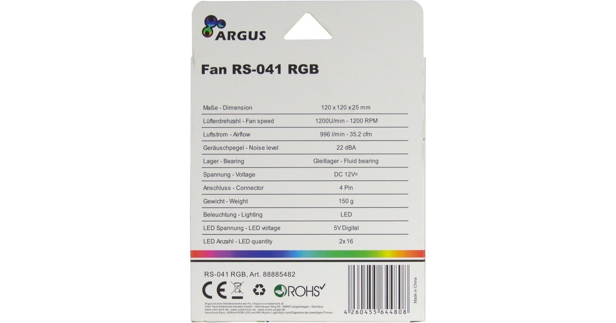 Inter-Tech Argus RS-041 RGB 120x120x25, Gehäuselüfter(schwarz)