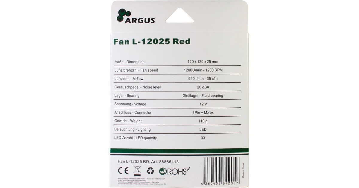 Inter-Tech L-12025 120x120x25mm, Gehäuselüfter(schwarz/rot)