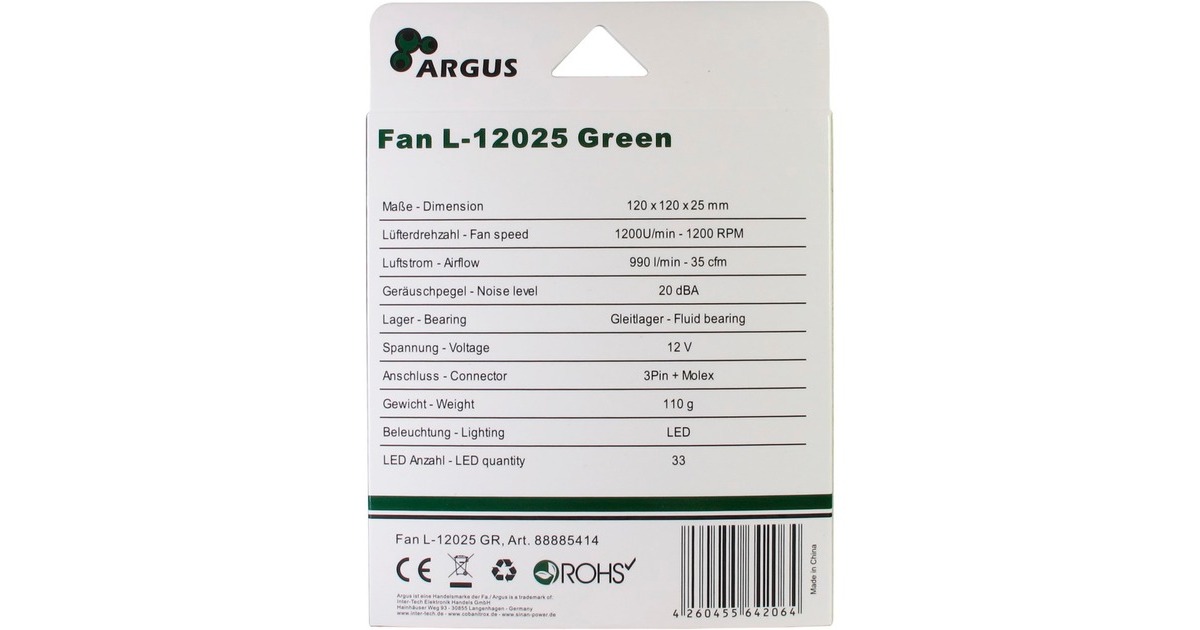 Inter-Tech L-12025 120x120x25mm, Gehäuselüfter(schwarz/grün)