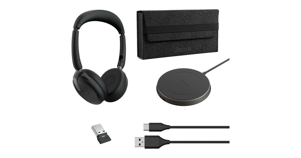 Jabra Evolve2 65 Flex Duo WLC, mit Ladepad, Headset(schwarz, Stereo, UC, USB-A, Link380a)