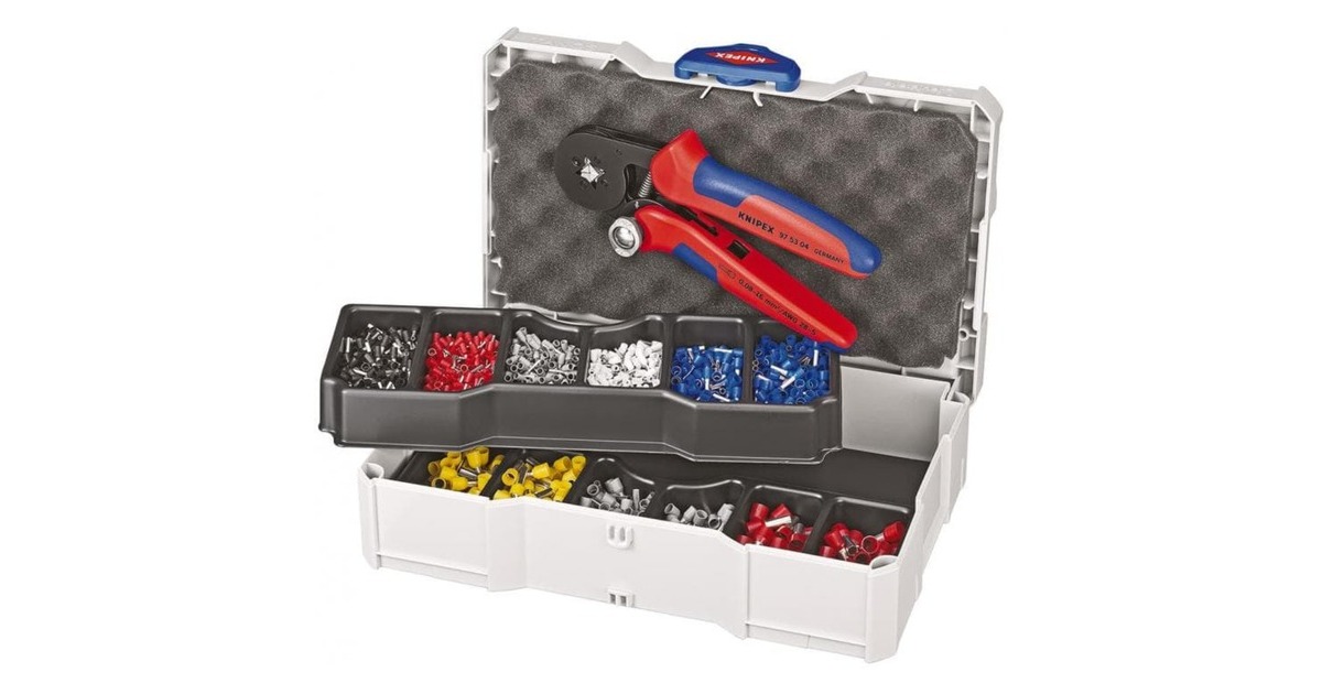 KNIPEX Crimpzange mit Crimp-Sortiment für Aderendhülsen 97 90 09(rot/blau, inkl. Ader-Endhülsen, TANOS MINI-systainer)