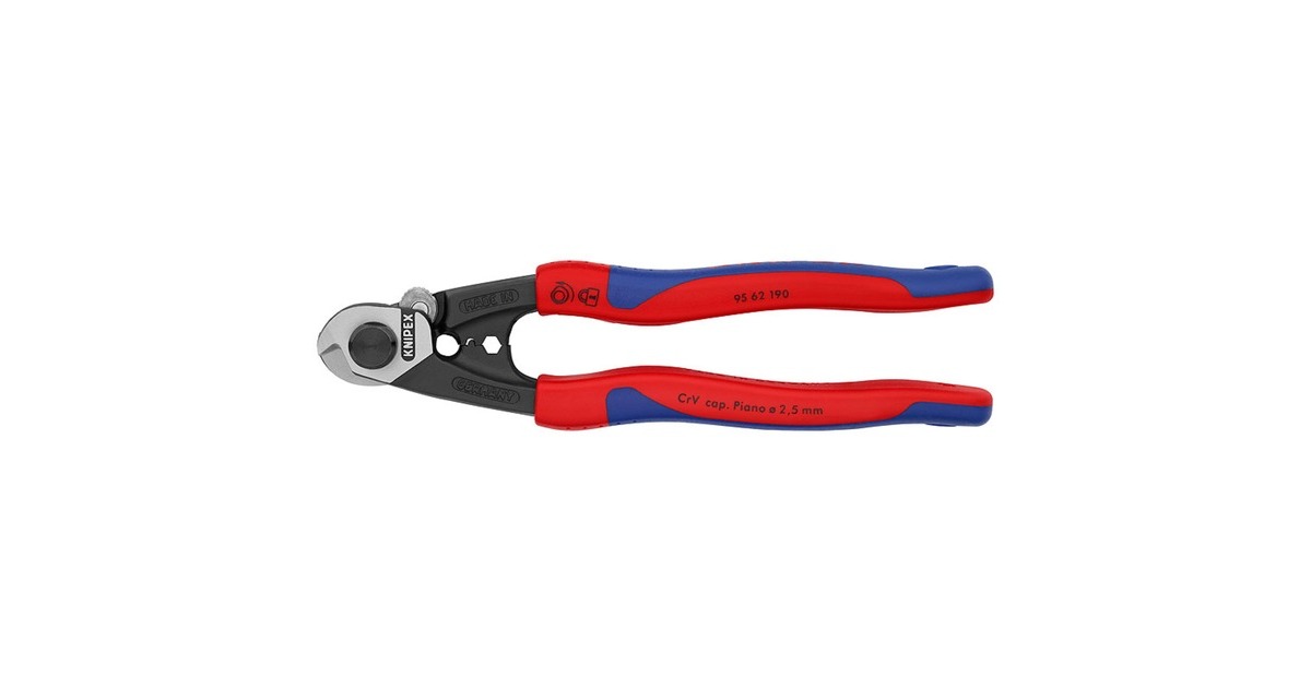 KNIPEX Drahtseilschere 95 62 190 , Schneid-Zange(blau, mit zwei Pressprofilen für Endhülsen)