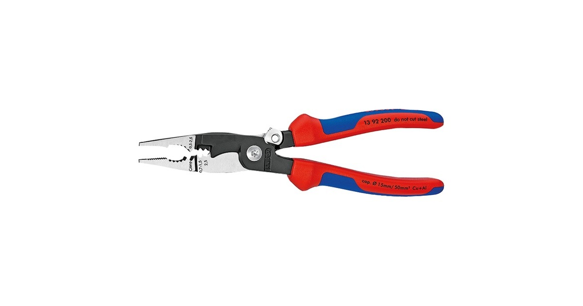 KNIPEX Elektro-Installationszange 13 92 200(rot/blau, schlanke Bauform, geschraubtes Gelenk, aktive Sperrklinge)