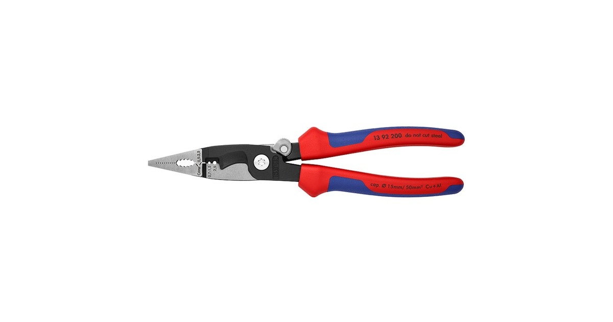 KNIPEX Elektro-Installationszange 13 92 200(rot/blau, schlanke Bauform, geschraubtes Gelenk, aktive Sperrklinge)