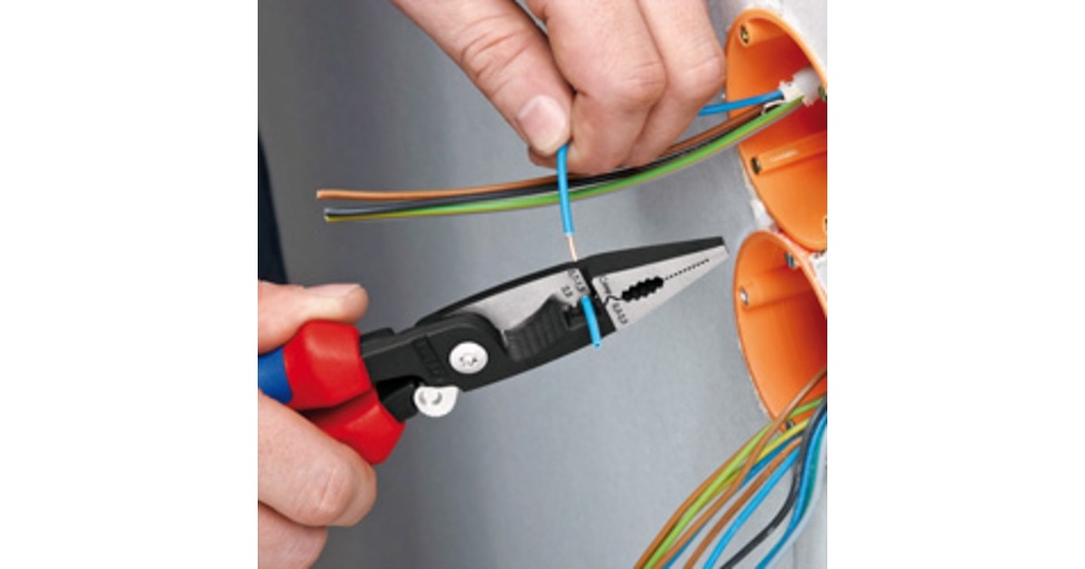 KNIPEX Elektro-Installationszange 13 92 200(rot/blau, schlanke Bauform, geschraubtes Gelenk, aktive Sperrklinge)