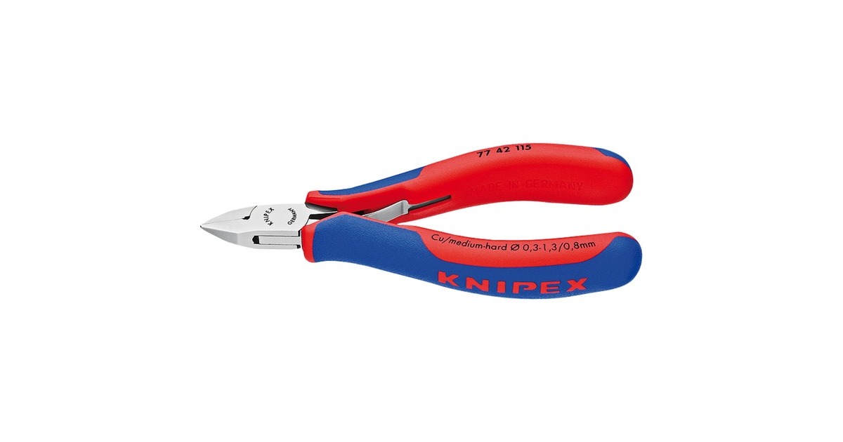 KNIPEX Elektronik-Seitenschneider 77 42 115, Elektronik-Zange(rot/blau, reibungsarme Doppelfeder)