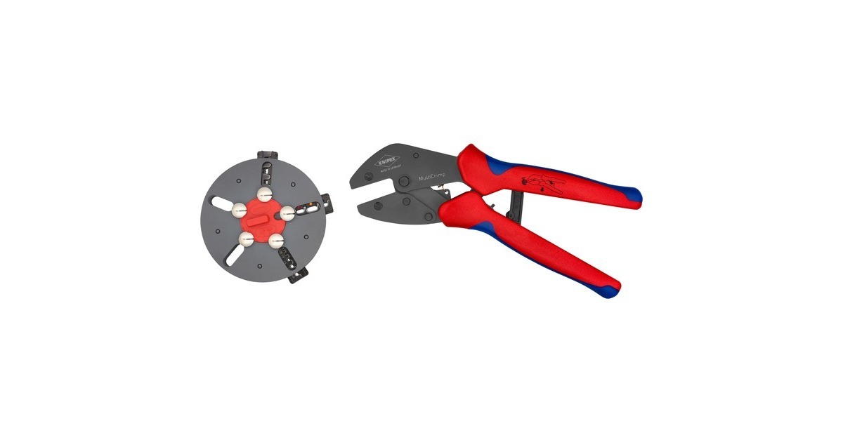 KNIPEX MultiCrimp 97 33 01, mit Wechselmagazin, Crimpzange(rot/blau, inkl. 3 Crimpeinsätzen)