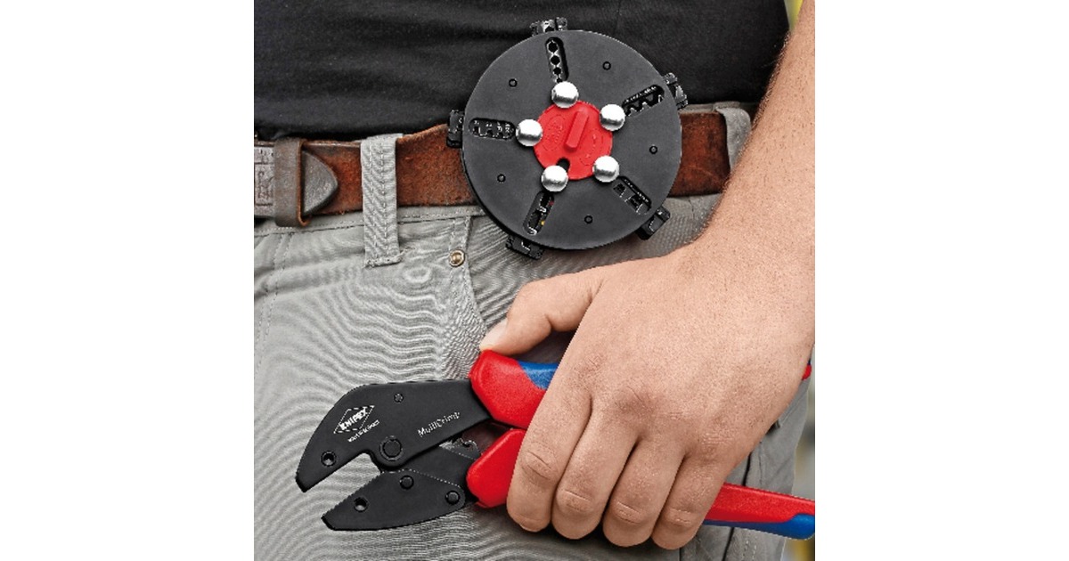 KNIPEX MultiCrimp 97 33 02, mit Wechselmagazin, Crimpzange(rot/blau, inkl. 5 Crimpeinsätzen)