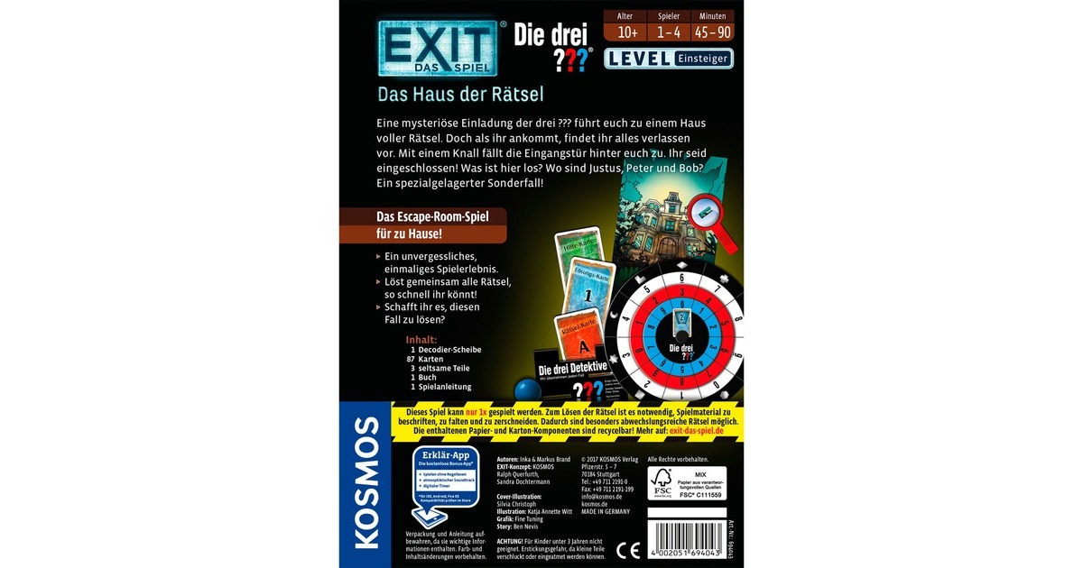 KOSMOS EXIT - Das Spiel - Das Haus der Rätsel, Partyspiel(Die drei Fragezeichen)