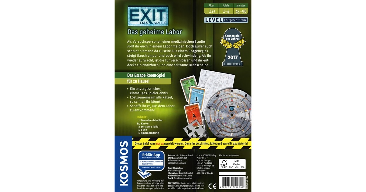 KOSMOS EXIT - Das Spiel - Das geheime Labor, Partyspiel(Kennerspiel des Jahres 2017)