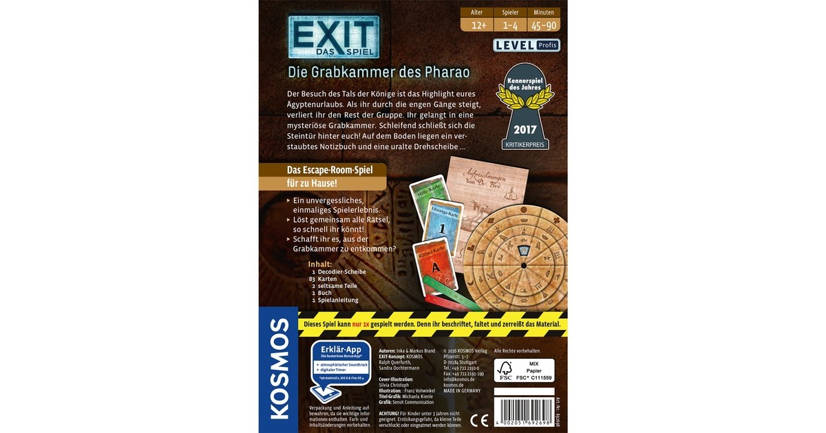 KOSMOS EXIT - Das Spiel - Die Grabkammer des Pharao, Partyspiel(Kennerspiel des Jahres 2017)