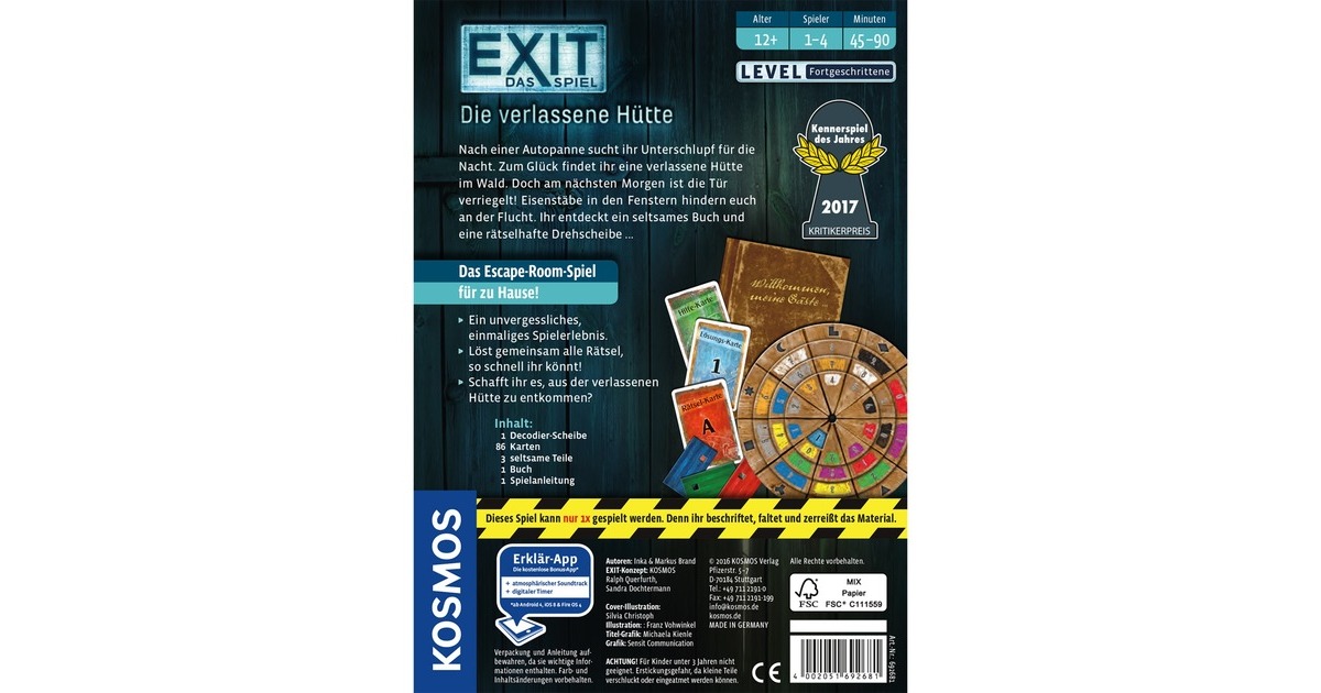 KOSMOS EXIT - Das Spiel - Die verlassene Hütte, Partyspiel(Kennerspiel des Jahres 2017)