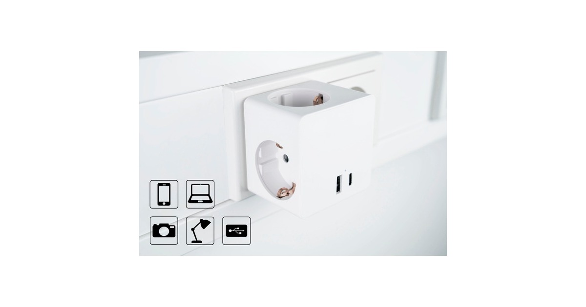 Kabelmeister Steckdosenwürfel 3-fach, 2x USB, Steckdosenleiste(weiß, 1x USB-C PD 3.0 20W, 1x USB-A 18W)