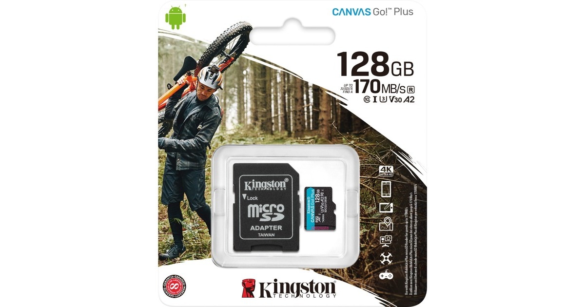 Kingston Canvas Go! Plus 128 GB microSDXC, Speicherkarte(schwarz, UHS-I U3, Class 10, V30, A2)
