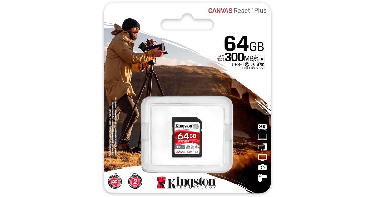 Kingston Canvas React Plus 64 GB SDXC, Speicherkarte(schwarz, UHS-II U3, Class 10, V90)
