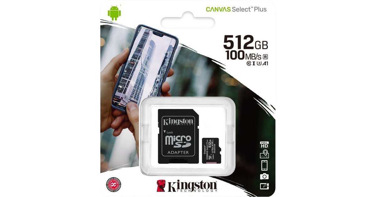 Kingston Canvas Select Plus 512 GB microSDXC, Speicherkarte(schwarz, UHS-I U3, Class 10, V30, A1)