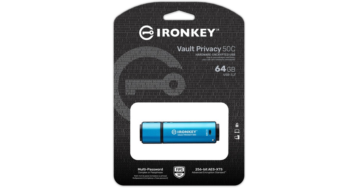 Kingston IronKey Vault Privacy 50 64 GB, USB-Stick(hellblau/schwarz, USB-C 3.2 Gen 1)