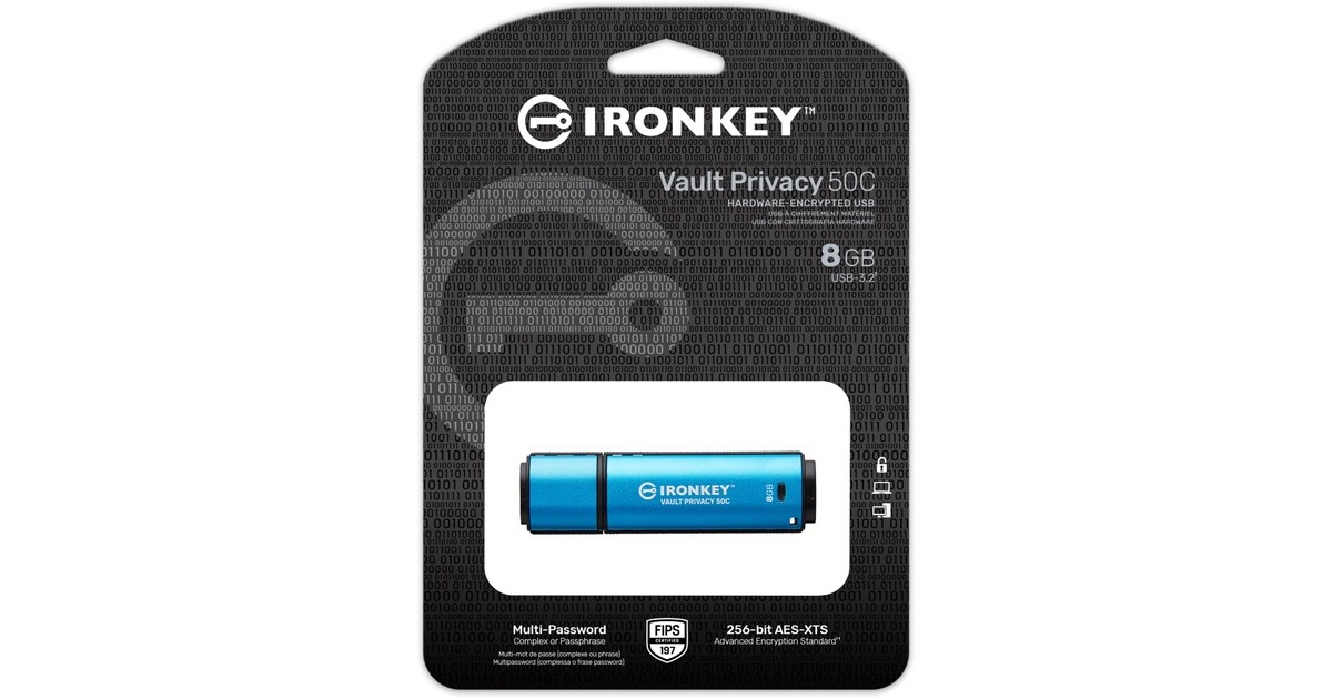 Kingston IronKey Vault Privacy 50 8 GB, USB-Stick(hellblau/schwarz, USB-C 3.2 Gen 1)