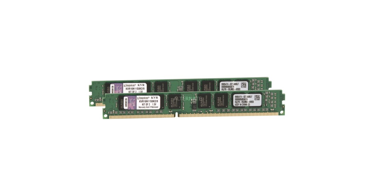 Kingston ValueRAM DIMM 8 GB DDR3-1600 (2x 4 GB) Dual-Kit, Arbeitsspeicher(KVR16N11S8K2/8, Lite Retail)