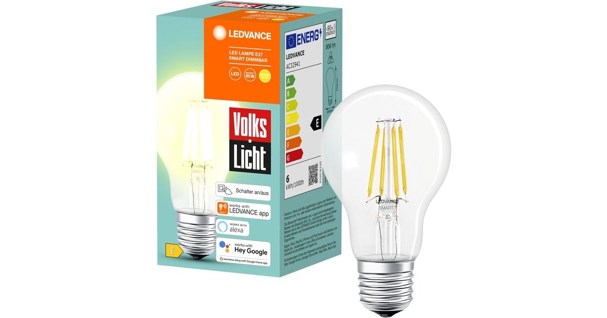 LEDVANCE SMART+ BT CLA60 60 6 W/2500K E27, LED-Lampe(Filament, Bluetooth, ersetzt 60 Watt)