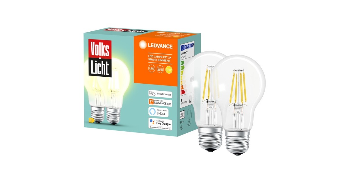 LEDVANCE SMART+ BT CLA60 60 6 W/2500K E27, LED-Lampe(2er-Pack, Filament, Bluetooth, ersetzt 60 Watt)