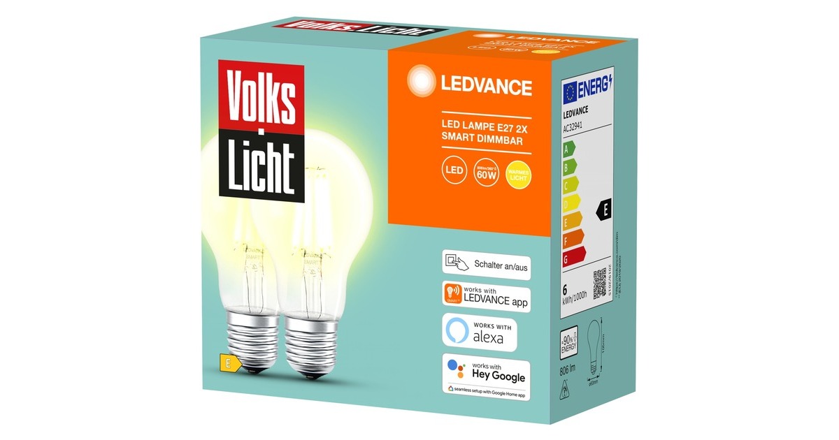 LEDVANCE SMART+ BT CLA60 60 6 W/2500K E27, LED-Lampe(2er-Pack, Filament, Bluetooth, ersetzt 60 Watt)