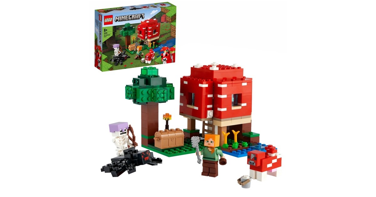 LEGO 21179 Minecraft Das Pilzhaus, Konstruktionsspielzeug(Spielzeug ab 8 Jahren, Geschenk für Kinder mit Figuren von Alex, Mooshroom & Spinnenreiter, Kinderspielzeug)