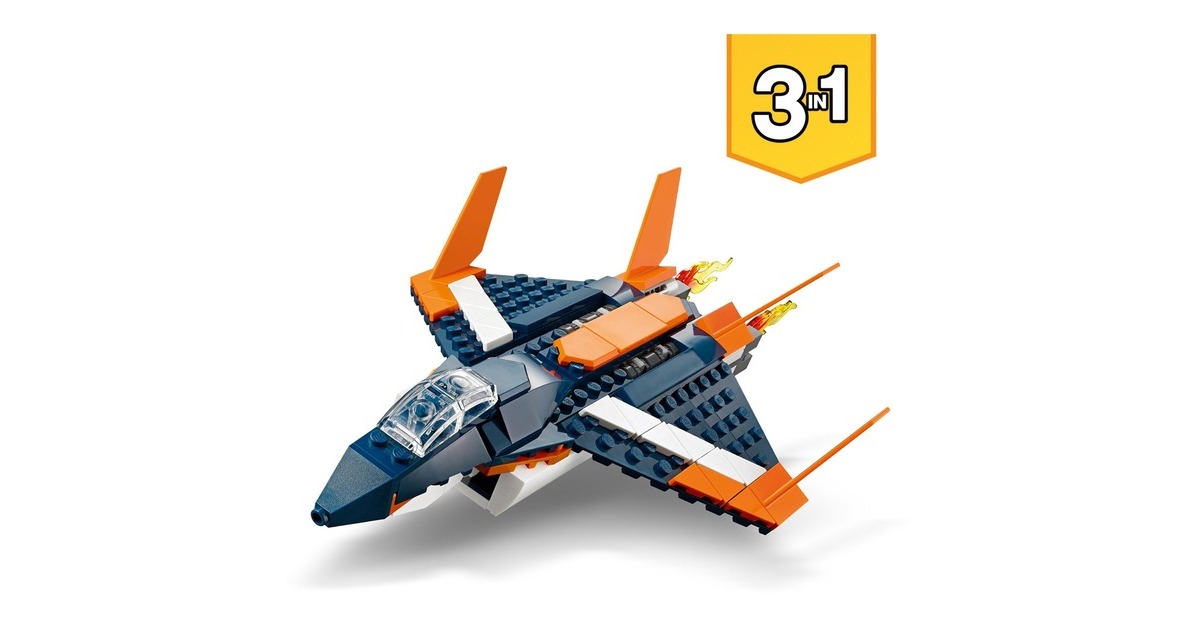 LEGO 31126 Creator 3-in-1 Überschalljet, Konstruktionsspielzeug(Flugzeug, Hubschrauber und Boot)
