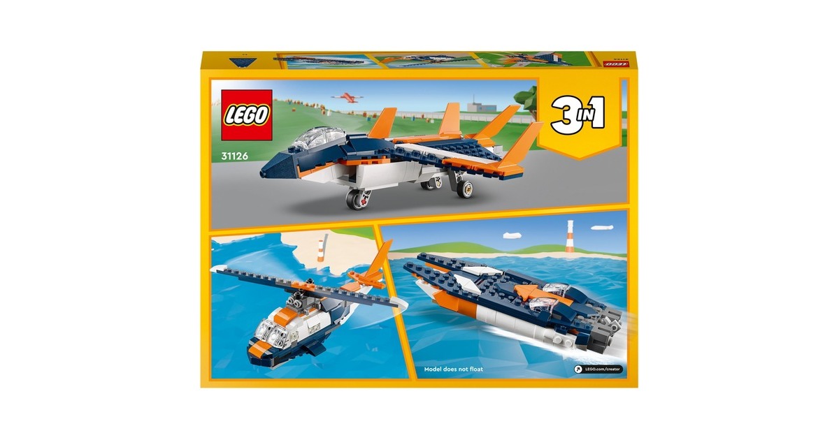 LEGO 31126 Creator 3-in-1 Überschalljet, Konstruktionsspielzeug(Flugzeug, Hubschrauber und Boot)