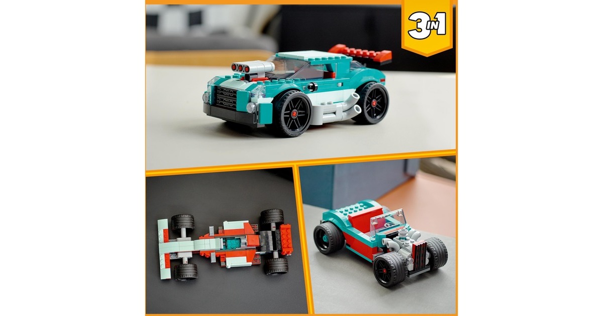 LEGO 31127 Creator 3-in-1 Straßenflitzer, Konstruktionsspielzeug(Rennwagen, Muscle Car und Hot Road)
