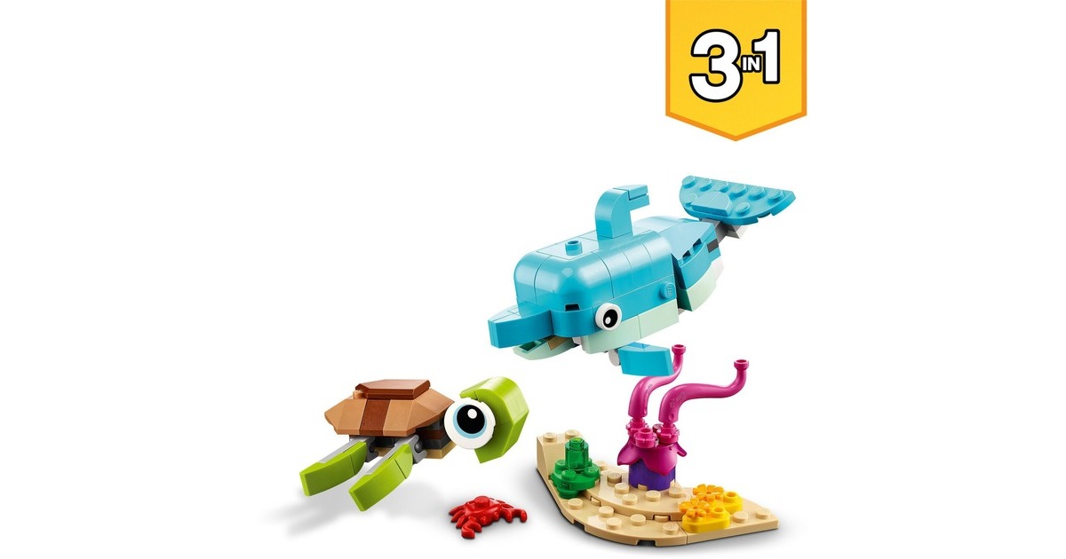 LEGO 31128 Creator 3-in-1 Delfin und Schildkröte, Konstruktionsspielzeug(Seepferdchen, Fisch, Figuren von Meerestieren)