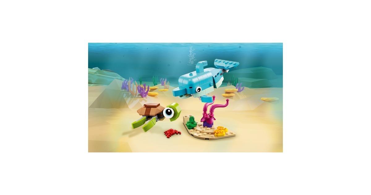 LEGO 31128 Creator 3-in-1 Delfin und Schildkröte, Konstruktionsspielzeug(Seepferdchen, Fisch, Figuren von Meerestieren)