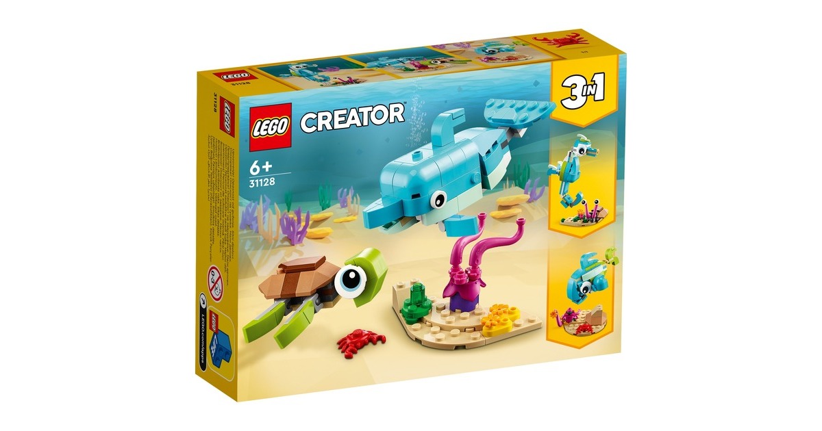LEGO 31128 Creator 3-in-1 Delfin und Schildkröte, Konstruktionsspielzeug(Seepferdchen, Fisch, Figuren von Meerestieren)