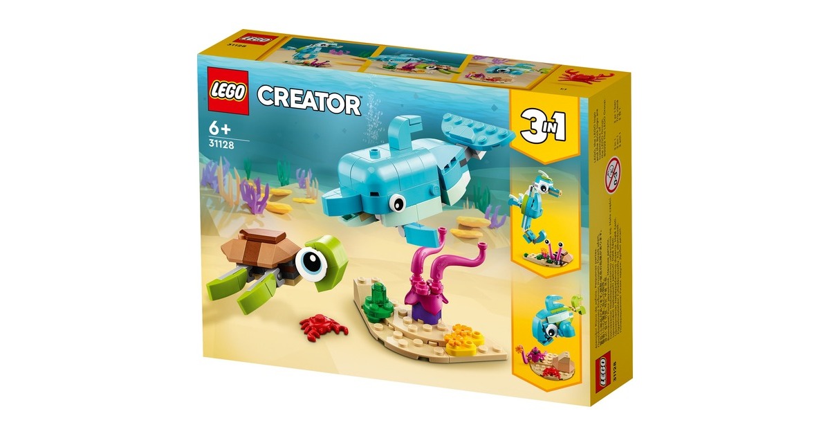 LEGO 31128 Creator 3-in-1 Delfin und Schildkröte, Konstruktionsspielzeug(Seepferdchen, Fisch, Figuren von Meerestieren)