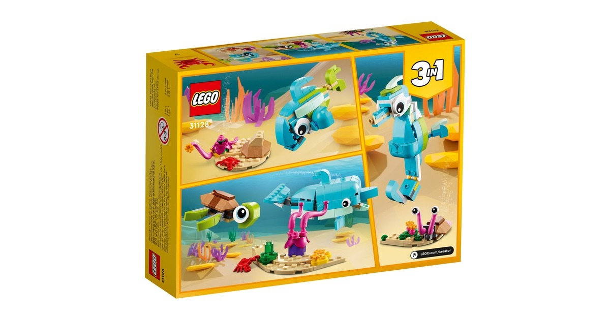 LEGO 31128 Creator 3-in-1 Delfin und Schildkröte, Konstruktionsspielzeug(Seepferdchen, Fisch, Figuren von Meerestieren)