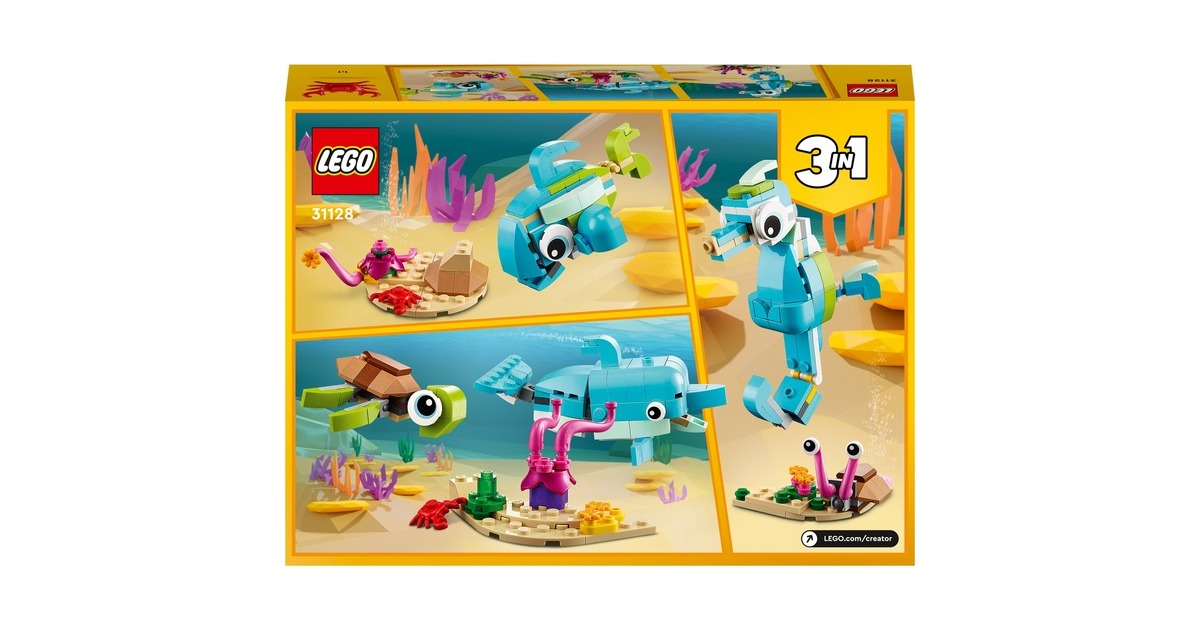 LEGO 31128 Creator 3-in-1 Delfin und Schildkröte, Konstruktionsspielzeug(Seepferdchen, Fisch, Figuren von Meerestieren)