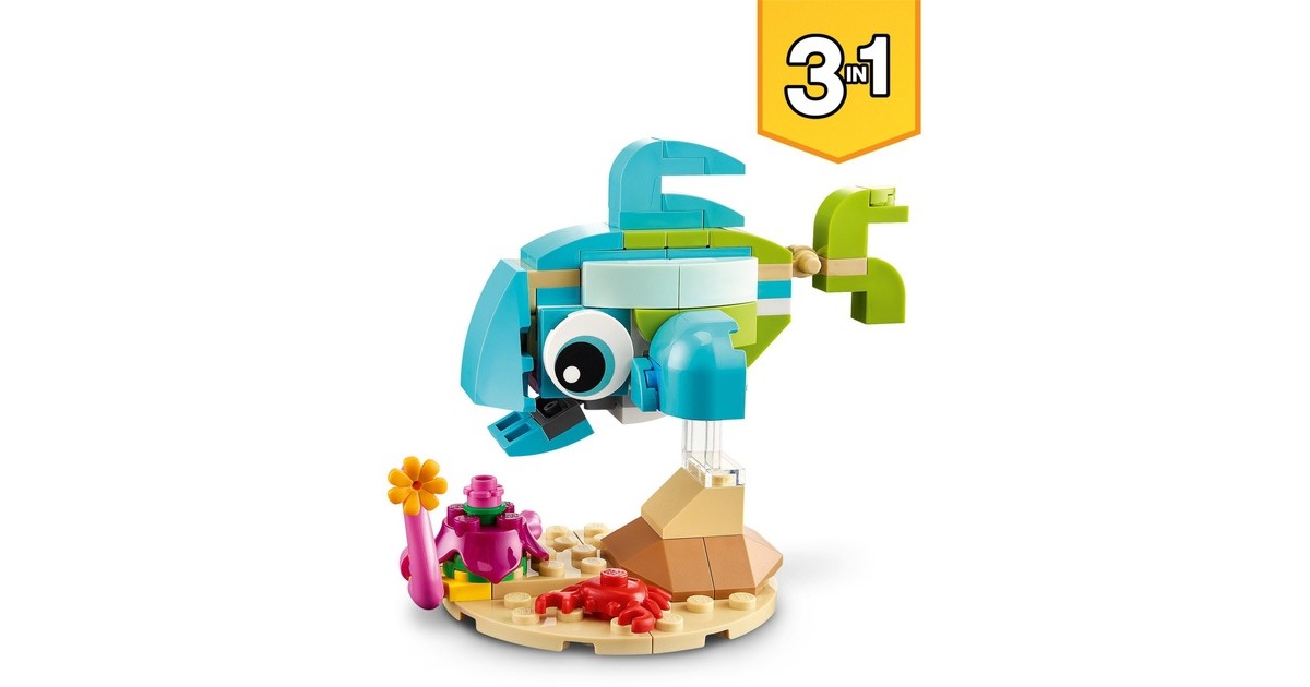LEGO 31128 Creator 3-in-1 Delfin und Schildkröte, Konstruktionsspielzeug(Seepferdchen, Fisch, Figuren von Meerestieren)