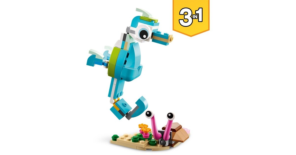 LEGO 31128 Creator 3-in-1 Delfin und Schildkröte, Konstruktionsspielzeug(Seepferdchen, Fisch, Figuren von Meerestieren)