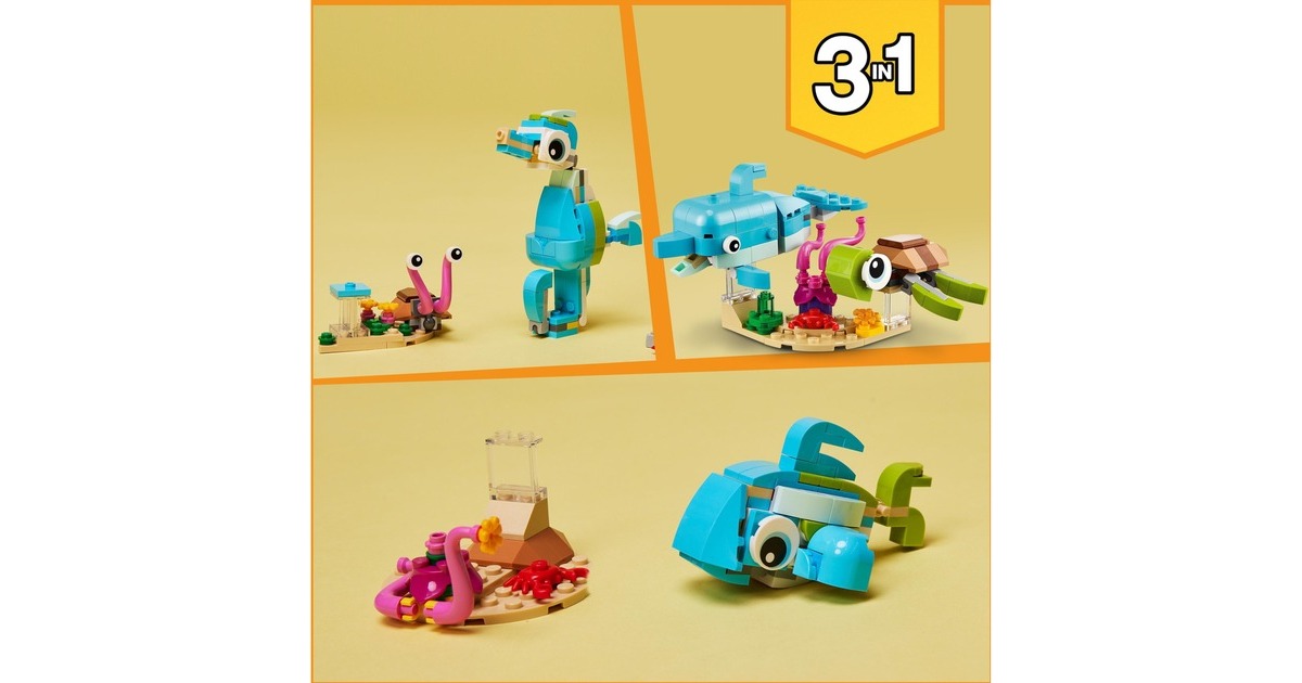 LEGO 31128 Creator 3-in-1 Delfin und Schildkröte, Konstruktionsspielzeug(Seepferdchen, Fisch, Figuren von Meerestieren)
