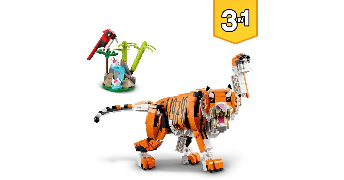 LEGO 31129 Creator 3-in-1 Majestätischer Tiger, Konstruktionsspielzeug(3-in-1 Tierfiguren-Set, Panda oder Fisch)