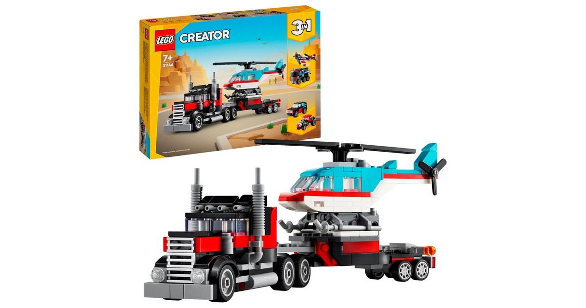 LEGO 31146 Creator 3-in-1 Tieflader mit Hubschrauber, Konstruktionsspielzeug