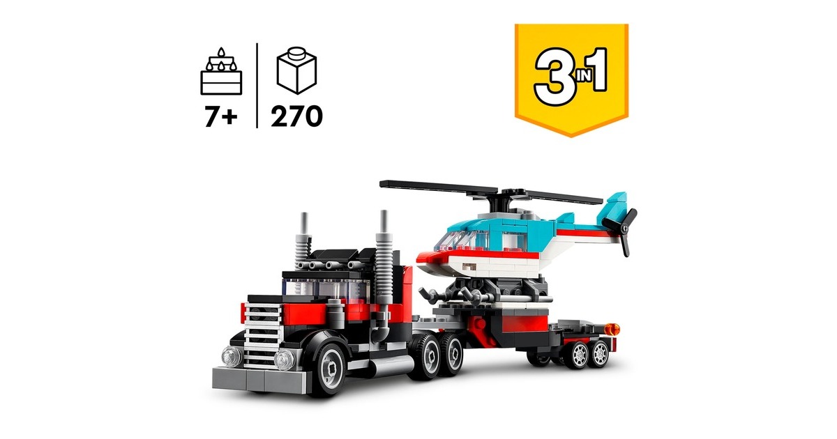 LEGO 31146 Creator 3-in-1 Tieflader mit Hubschrauber, Konstruktionsspielzeug