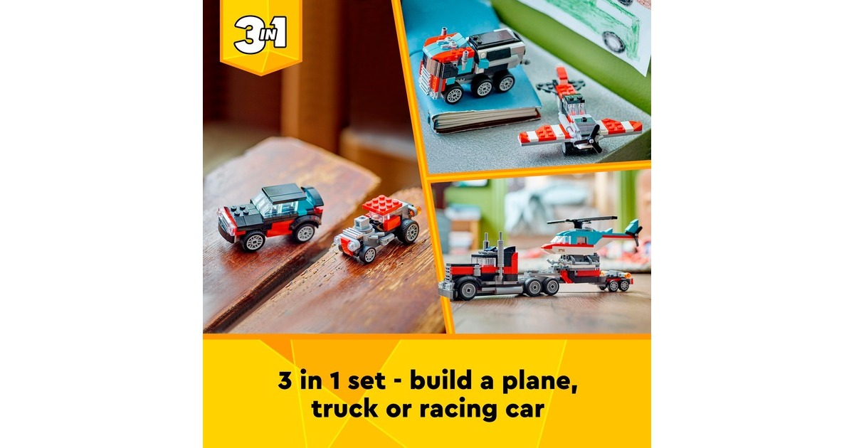LEGO 31146 Creator 3-in-1 Tieflader mit Hubschrauber, Konstruktionsspielzeug
