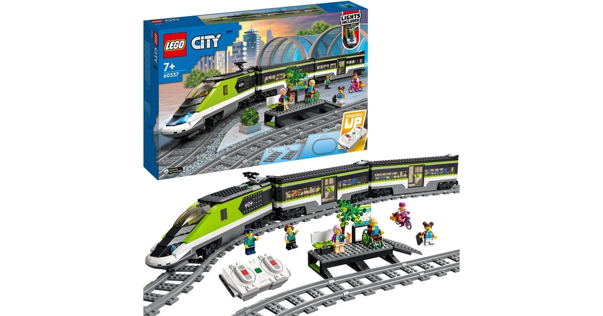 LEGO 60337 City Personen-Schnellzug, Konstruktionsspielzeug(Set mit ferngesteuertem Zug mit Scheinwerfern, 2 Wagen und 24 Schienen-Elementen)