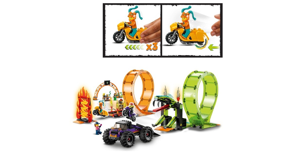 LEGO 60339 City Stuntz Stuntshow-Doppellooping Set, Konstruktionsspielzeug(Inkl. Rampe, Monstertruck, 2x Motorrad und 7 Minifiguren)